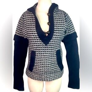 Tory Burch Hooded Wool Navy and Gray V-Neck Sweater, L